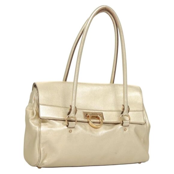 Salvatore Ferragamo Gancini Tote Bag Leather Gold Tone Gold Auth 131050 - Picture 1 of 16